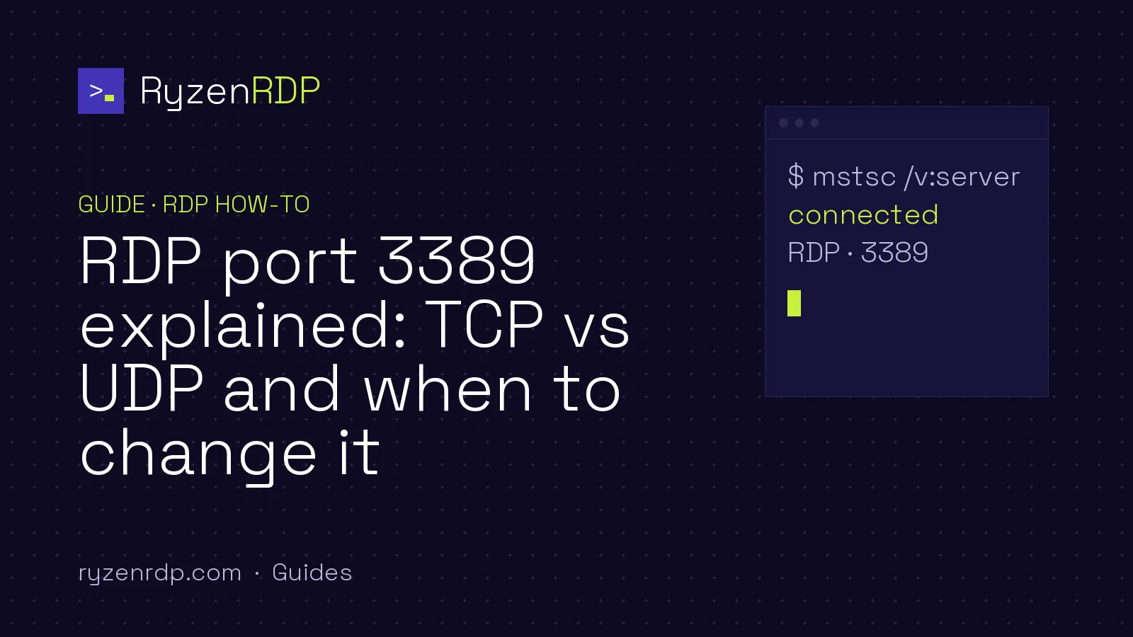 RyzenRDP guide cover: RDP port 3389 explained: TCP vs UDP and when to change it